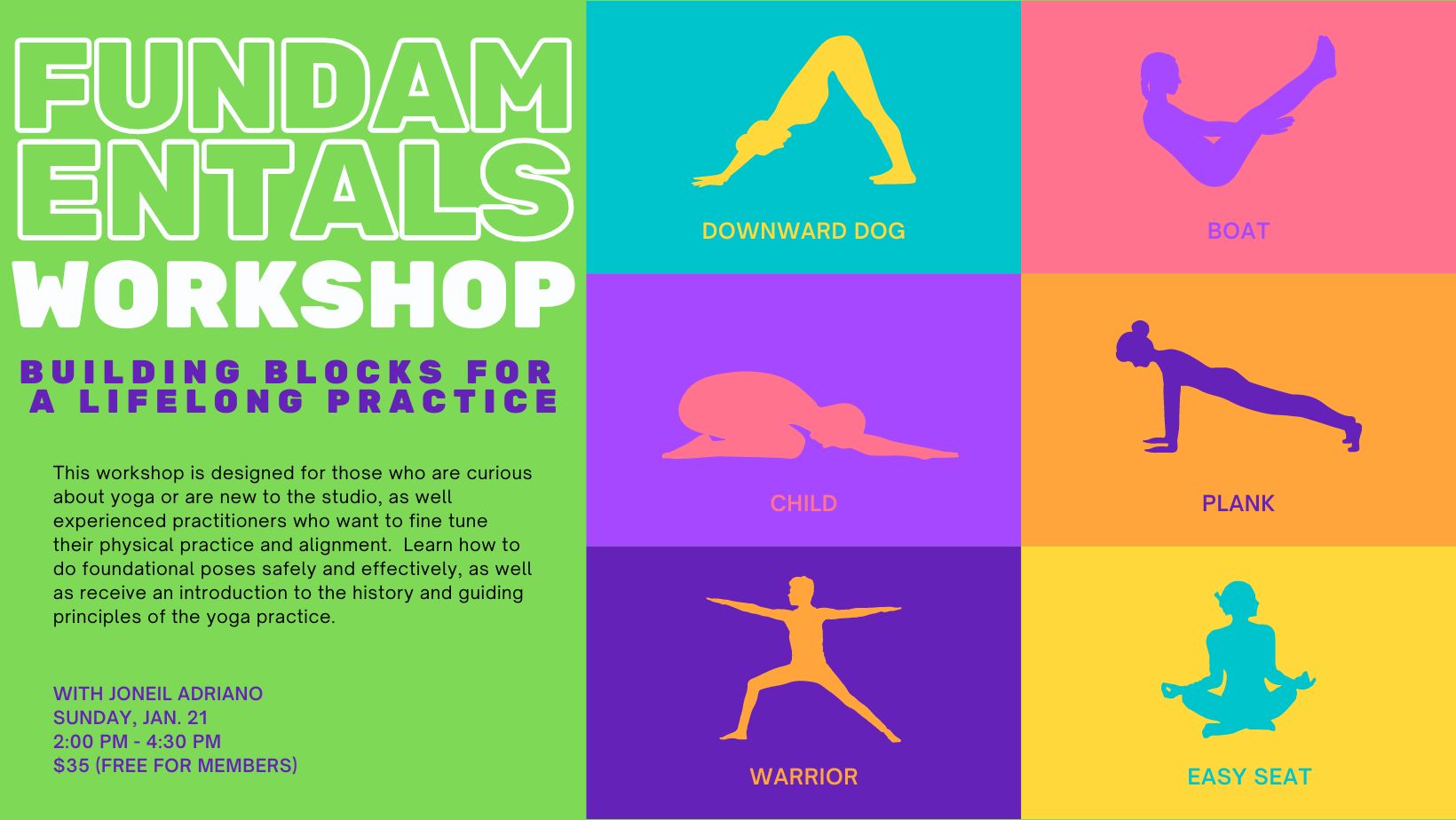 Graphic for our Living Yoga Fundamentals event.