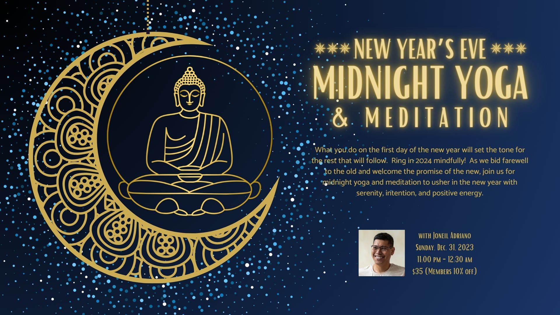 Flyer for a midnight yoga event on New Year's Eve
