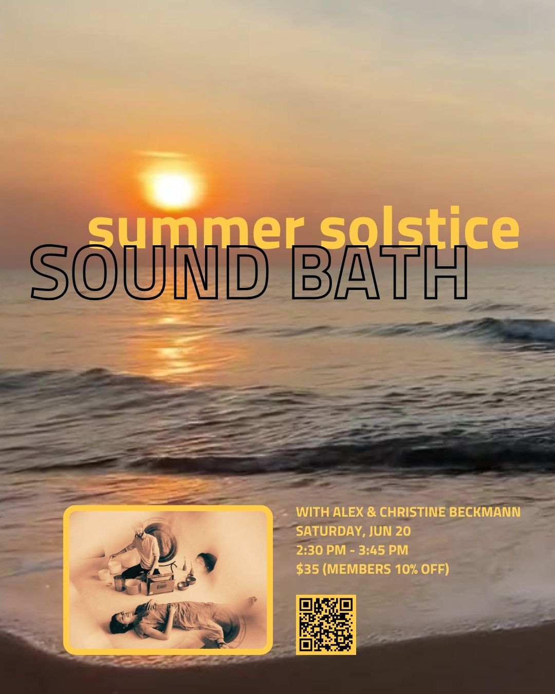 Flyer for Summer Solstice Sound Bath June 20 featuring a picture of a orange and gold sunset over the ocean horizon.