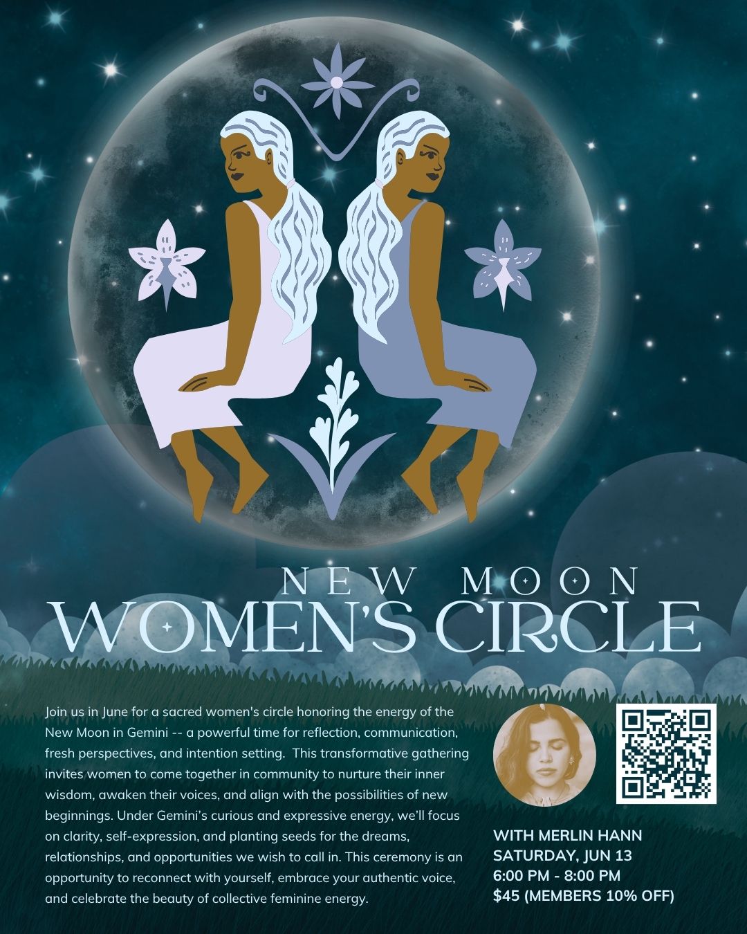 Gemini New Moon Womens Circle Dark blue flyer for New Moon Women's Circle with feature of twin women sitting in front of the new moon against a starry night sky.