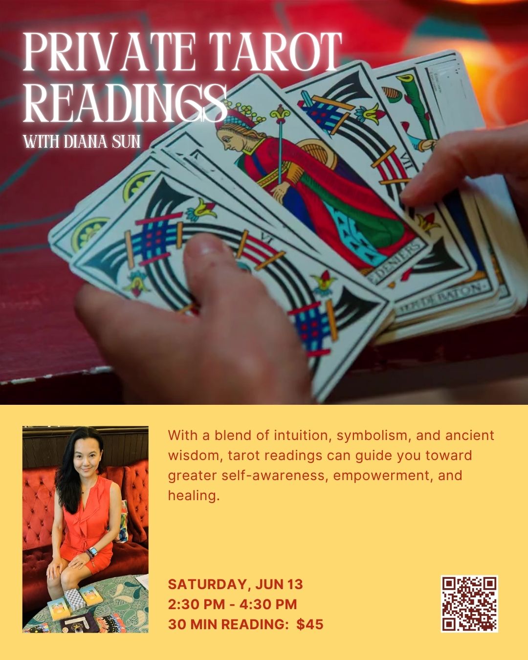 Flyer for Private Tarot Readings with Diana Sun on Jun 13 featuring video of a pair of hands dealing a tarot deck.