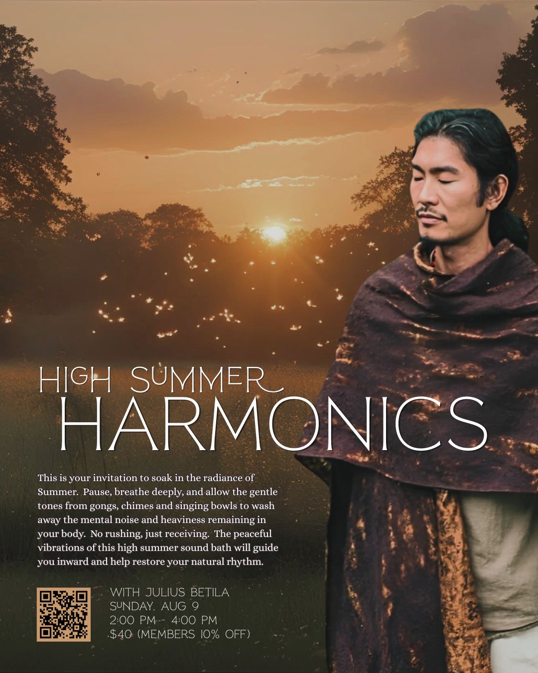 High Summer (Instagram Post (45)) Orange and yellow flyer for prenatal yoga series starting May 31 with photos of pregnant women meditating and a headshot of teacher Jennifer Pinna.