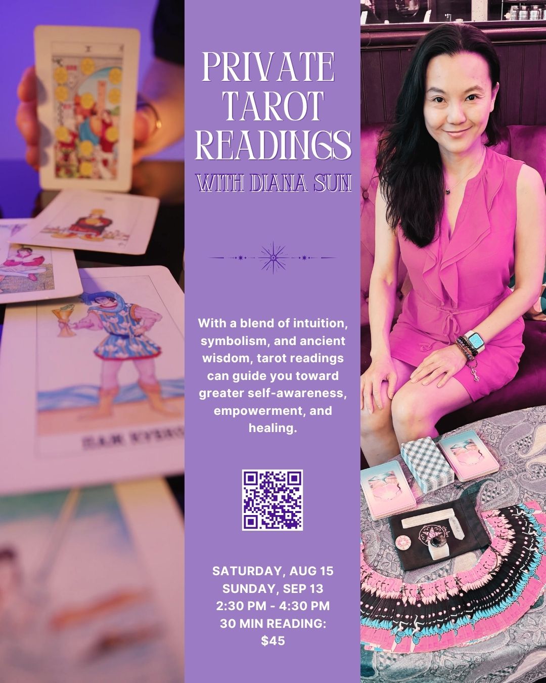 private tarot readings jun 2026 (Instagram Post (45)) (3) Flyer for Private Tarot Readings with Diana Sun on Jun 13 featuring video of a pair of hands dealing a tarot deck.