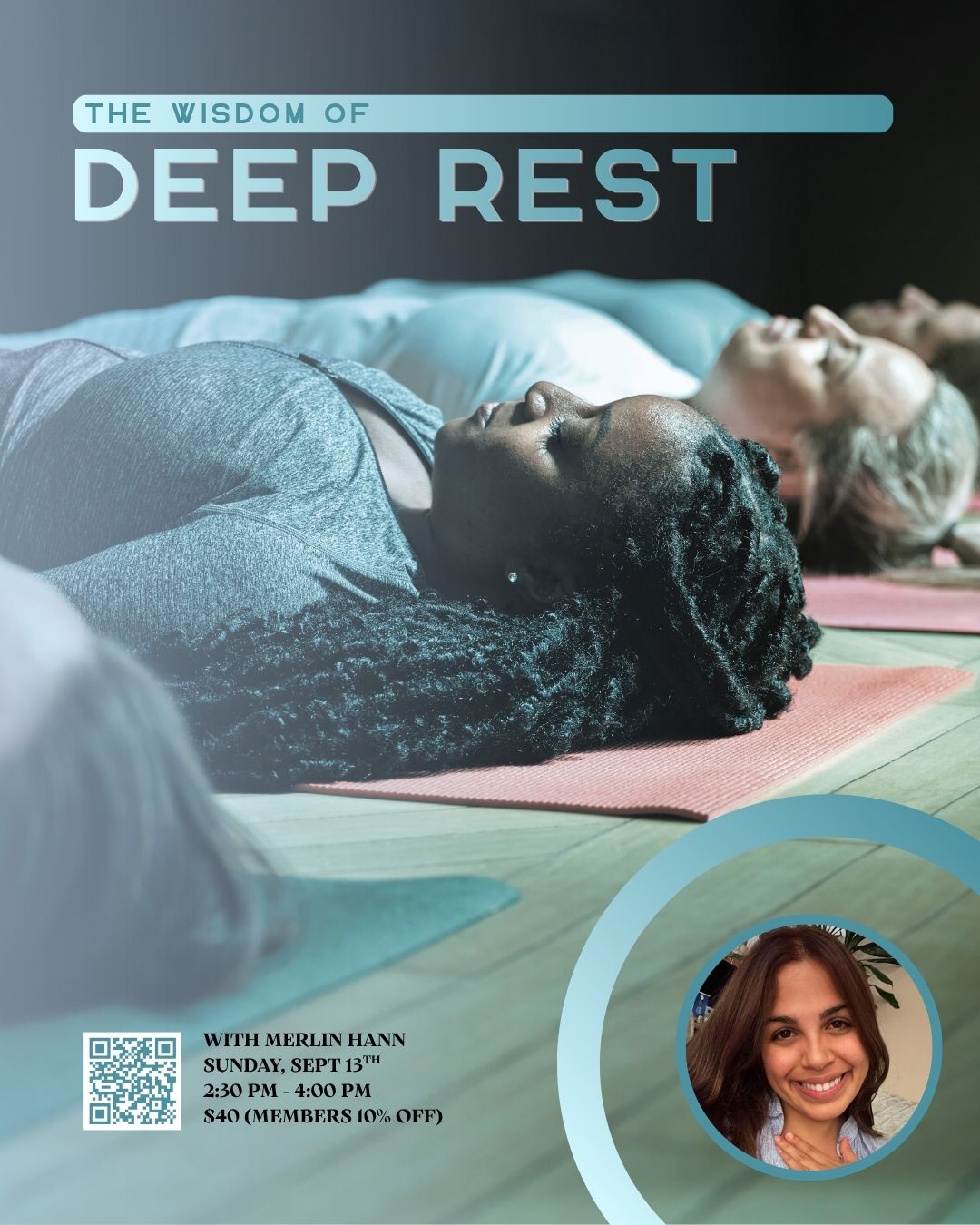yoga nidra (Instagram Post (45)) Dark blue flyer for New Moon Women's Circle with feature of twin women sitting in front of the new moon against a starry night sky.